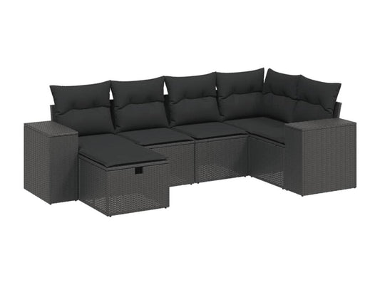 6-piece garden furniture set with cushions, black woven resin