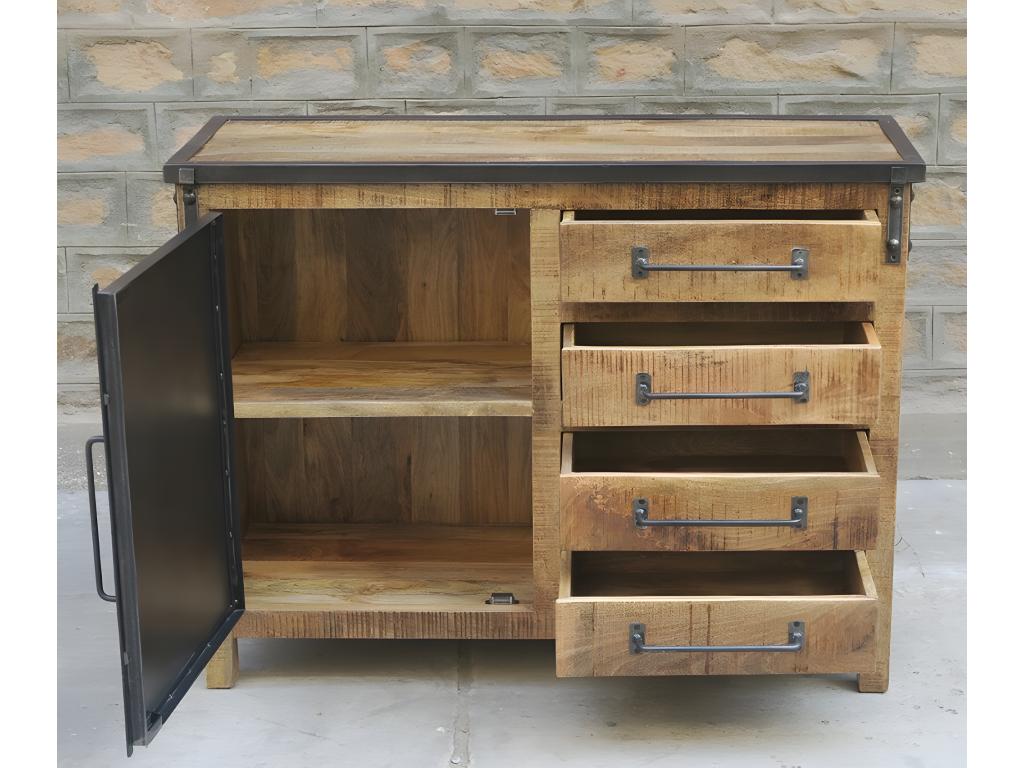 Mango wood and metal sideboard with 1 door and 4 drawers