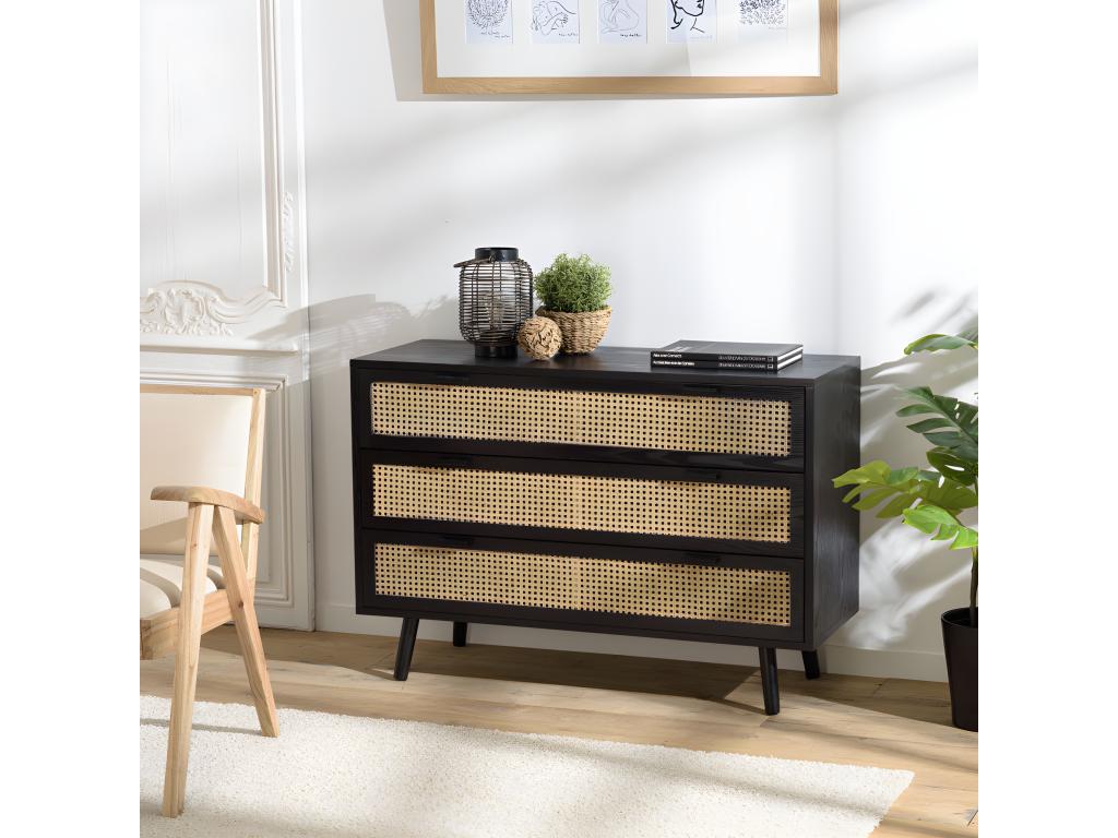 Homzora - Black 3-drawer chest with natural caning