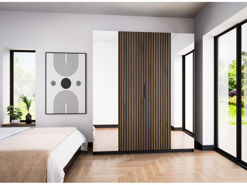 4-door wardrobe with slatted panels and 2 mirrors - 200 cm - Homzora oak/black - Homzora