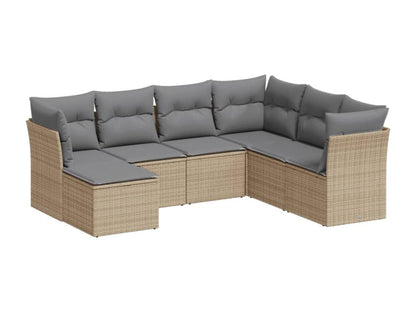 7-piece garden furniture set with cushions, beige woven resin