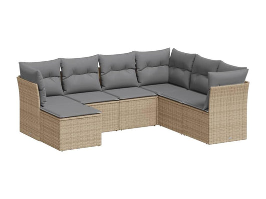 7-piece garden furniture set with cushions, beige woven resin